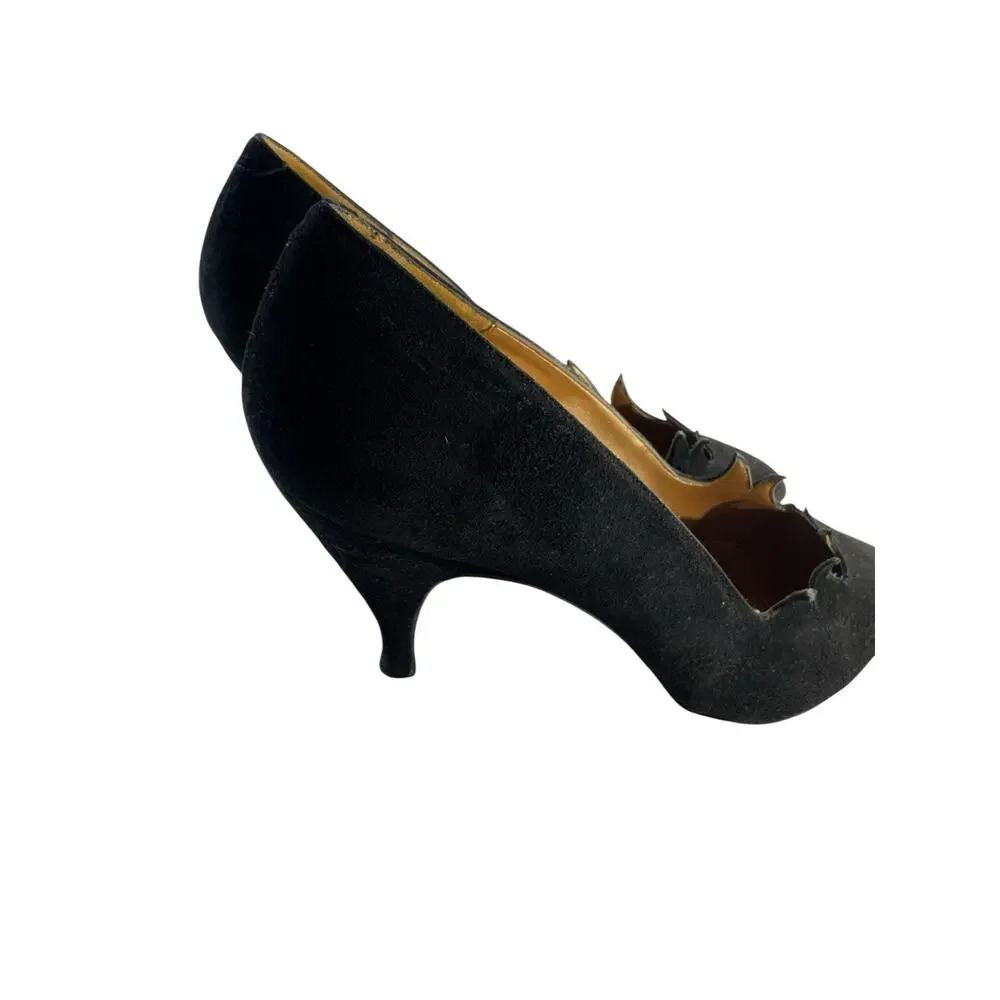 Vintage Timothy‎ Hitsman Women Suede Leather Heels Scalloped Waves Black 6.5M